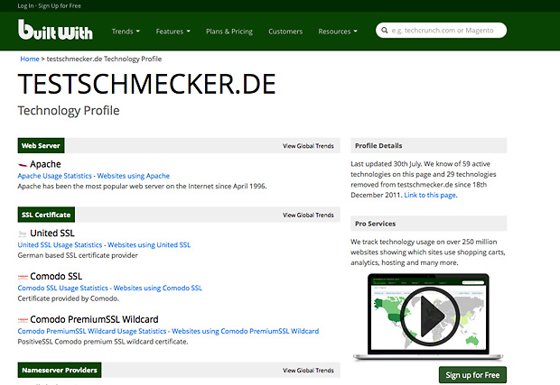 Technology Profile: auf builtwith.com nachsehen