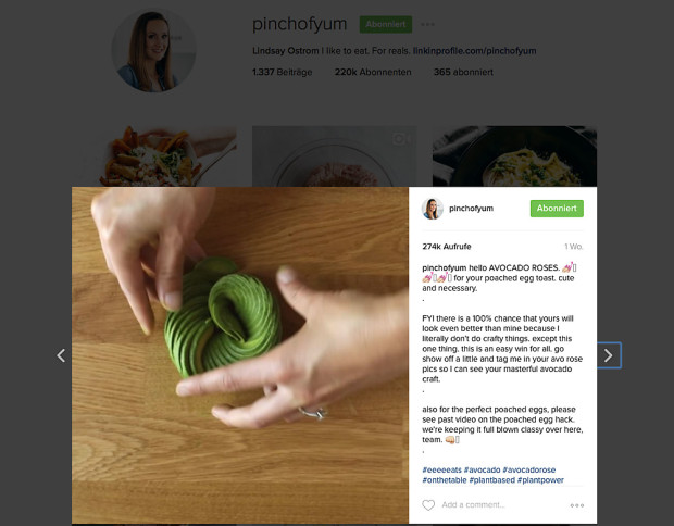 Instagram-Videos kommen gut an: 274.00 Besucher interessierten sich dafür, wie man eine Avocado-Rose schneidet