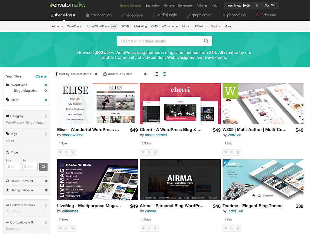 Blog-Investition WordPress-Theme: Sinnvolle Sache, preiswert, allerdings ist die Auswahl überwältigend. Wichtig ist eine Plattform, mit der man die Angebote filtern kann.