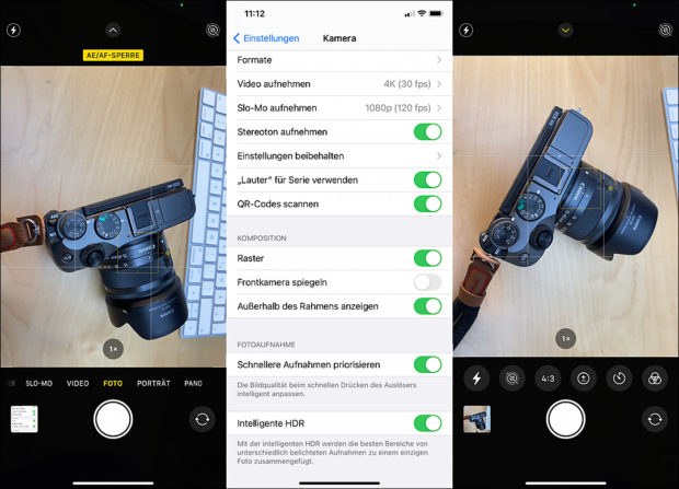 Im Display gut erkennbar: Raster und Live-Photo (links). Die Einstellungsseite für die iPhone Kamera ist übersichtlich und einfach zu bedienen (Mitte). Mit dem Pfeil oben im Aufnahme-Display kann man ein paar weitere Einstellungen aufrufen (rechts).